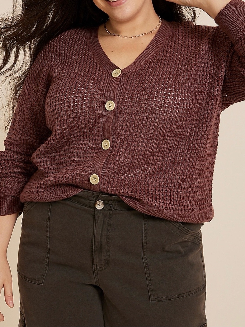Maurices Textured Button V-Neck Cardigan - Mauve Plum